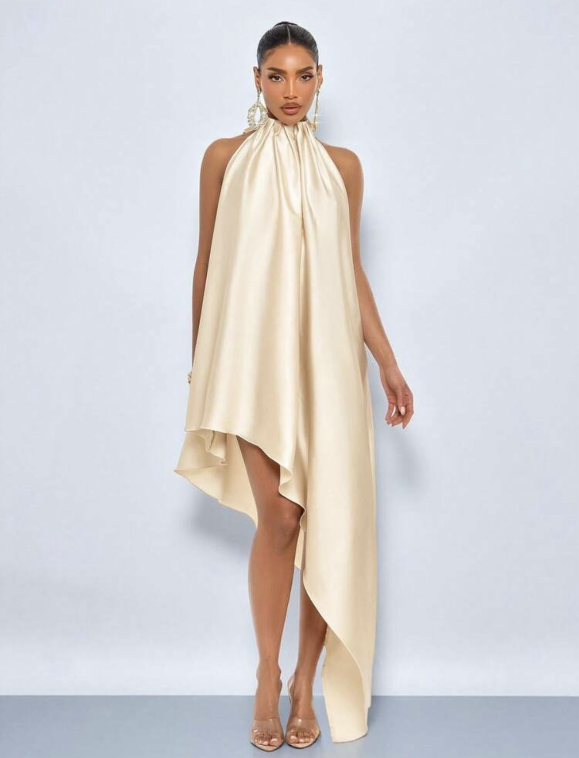 SHEIN classy halter backless satin dress in off white apricot cream L SHEIN classy halter backless satin dress in off white apricot cream L