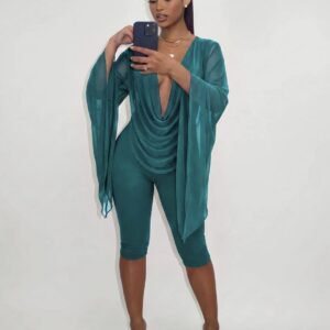 SHEIN two piece  deep v neck  cowl neck drape capri set in teal green M