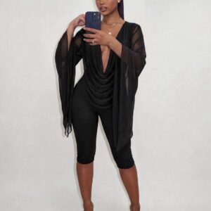 SHEIN two piece  deep v neck  cowl neck drape capri set in black  L