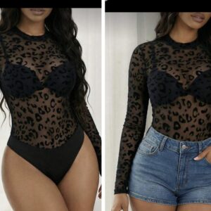 Shein leopard print mesh bodysuit in black  12/14