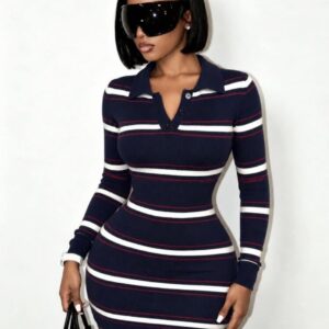 SHEIN stripe collar neck sweater mini dress in navy blue