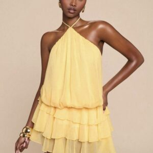 SHEIN halter ruffle step by step summer  dress in yellow
