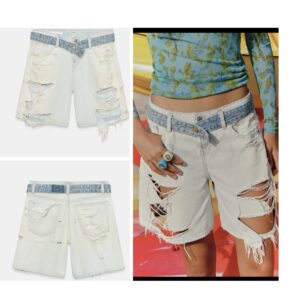 Zara TRF MID-WAIST RIPPED DENIM BERMUDA SHORTS WITH BELT in light blue  12