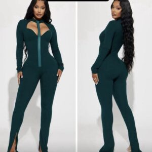Fashionnova open front zip jumpsuit in hunter green