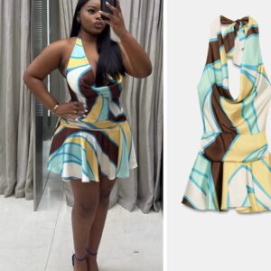 Zara printed halter backless mini dress in multi color green