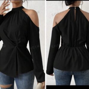 Shein cold shoulder halter long sleeve top in black