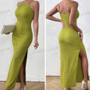 Shein solid cami halter lemon pleated dress with side slit 12/14