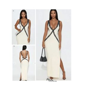 Fashionnova Reina Backless Bandage Maxi Dress cream combo tank slit dress in ecru  off white M