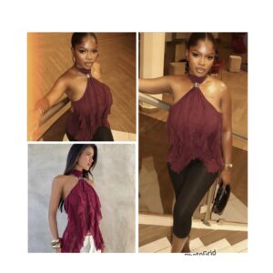 SHEIN halter ruffle  stand collar top in red burgundy  pink violet