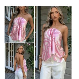SHEIN silk bohemian vintage halter printed top with chain in pink scarf