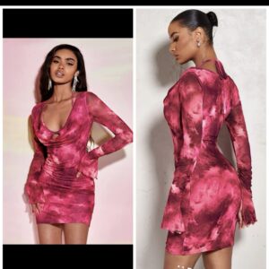 Shein draped multi color pinkish ruched chiffon long sleeve dress