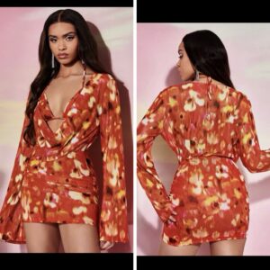 Shein all over print drape orange trumpet sleeve bra dress 10