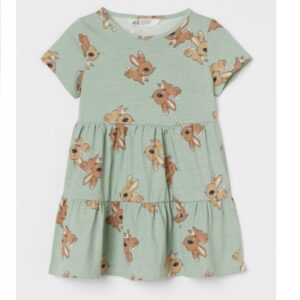 smock green dress with rabbit print