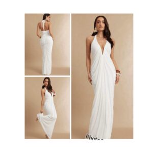 SHEIN classy halter ruffled mesh dress in white maxi  12/14