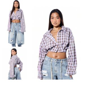 SHEIN  over sized stripe  crop plaid shirt in purple L