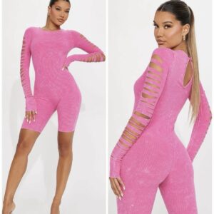 Fashionnova ribbed cotton playsuit in pink with open sleeves
