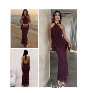 Shein halter ruffle multi layer  maxi dress in burgundy M