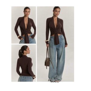 Shein deep vneck long sleeve front drape top in brown M
