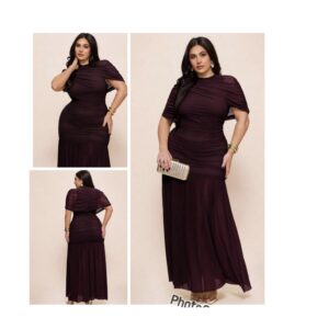 SHEIN plus classy drape ruched  burgundy maxi chiffon  dress in red violet dark burgundy 16