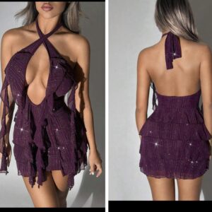 SHEIN glitter halter sexy ruffle dress in purple 10