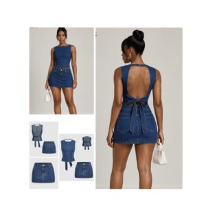 SHEIN two piece skirt denim set in tank tie back & mini skirt jean 10