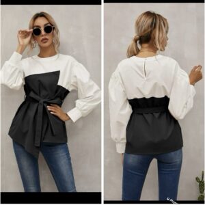 Shein plus black/white belted shirt long sleeve top 16