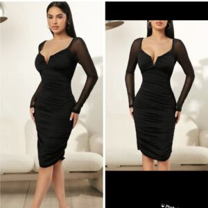 SHEIN  mesh sleeve sweetheart neck open front midi bodycon dress