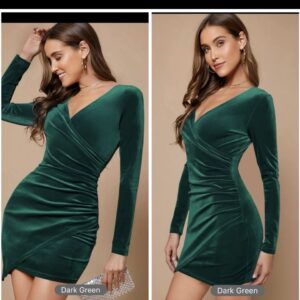 SHEIN  plus velvet wrap ruched bodycon dress in green