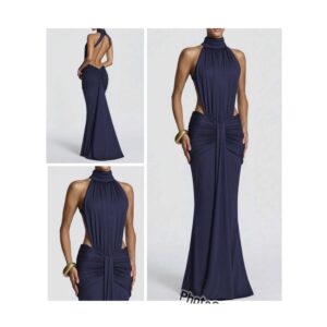 SHEIN halter backless from cut out sexy maxi navy blue dress 10