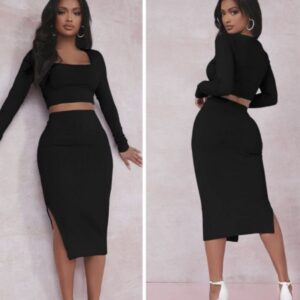 Shein ribbed two piece skirt set with slit in black