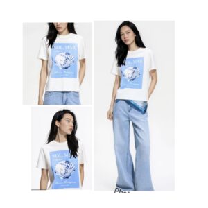 Reserved cotton Tshirt with blue  print  details in white