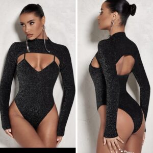 Shein glitter mock neck  front & back bodysuit in black 10