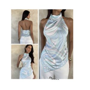 Shein halter  backless silk scarf top  in blue 10
