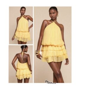SHEIN halter ruffle step by step summer  dress in yellow