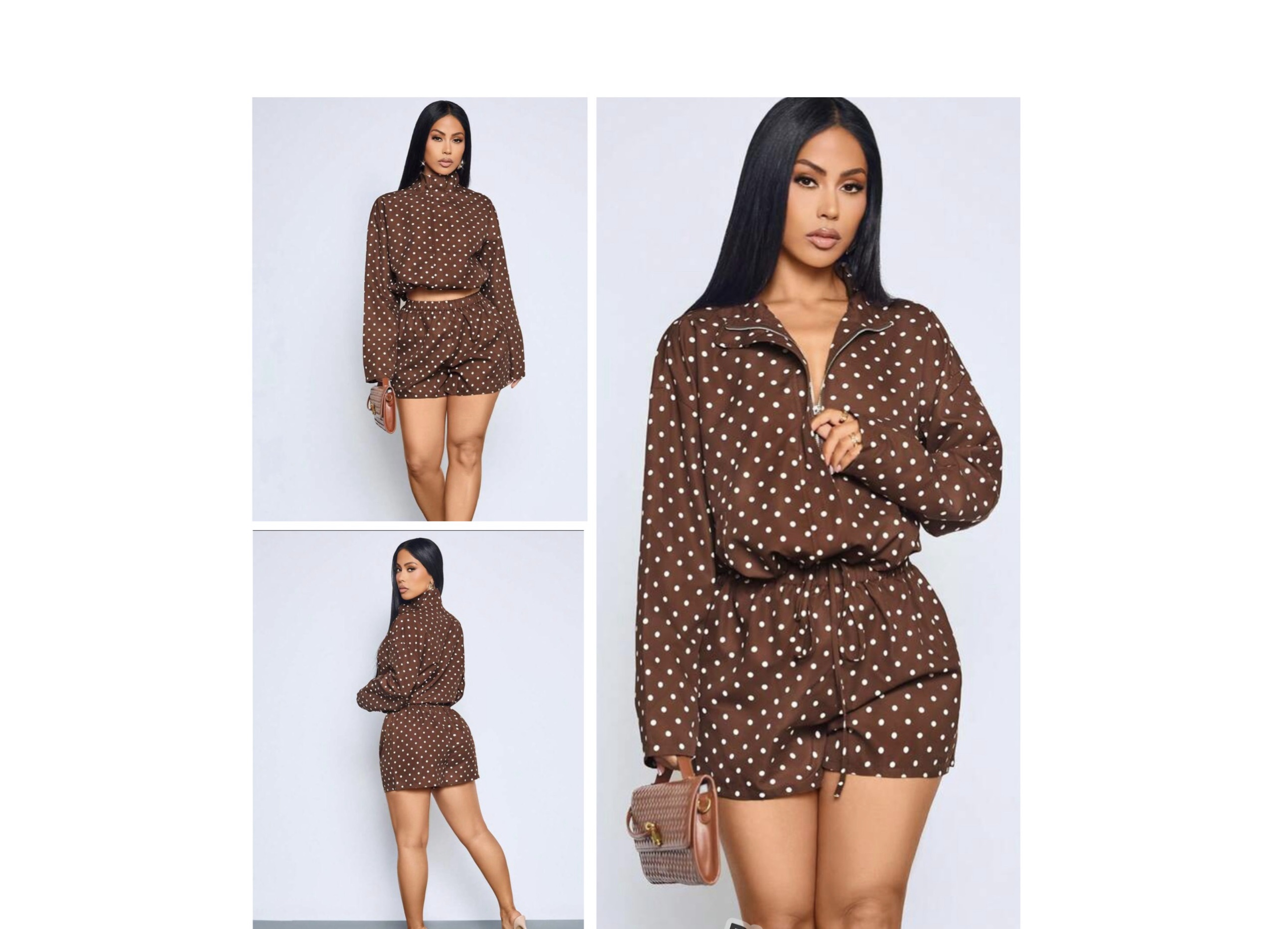 SHEIN polka dot two piece jacket & high waist short set with front zip brown L SHEIN polka dot two piece jacket & high waist short set with front zip brown L