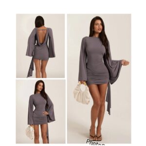 SHEIN classy mini long sleeve flare hands  solid round neck dress in grey M
