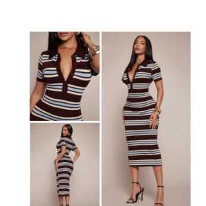 SHEIN short sleeve stripe polo  collar dress in multi color  brown M