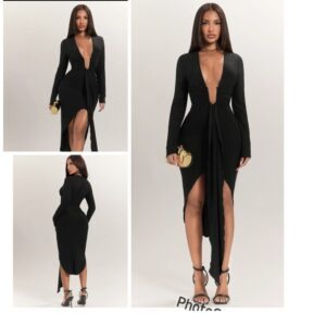 SHEIN sexy deep plunge baddie dress in black with front slit M