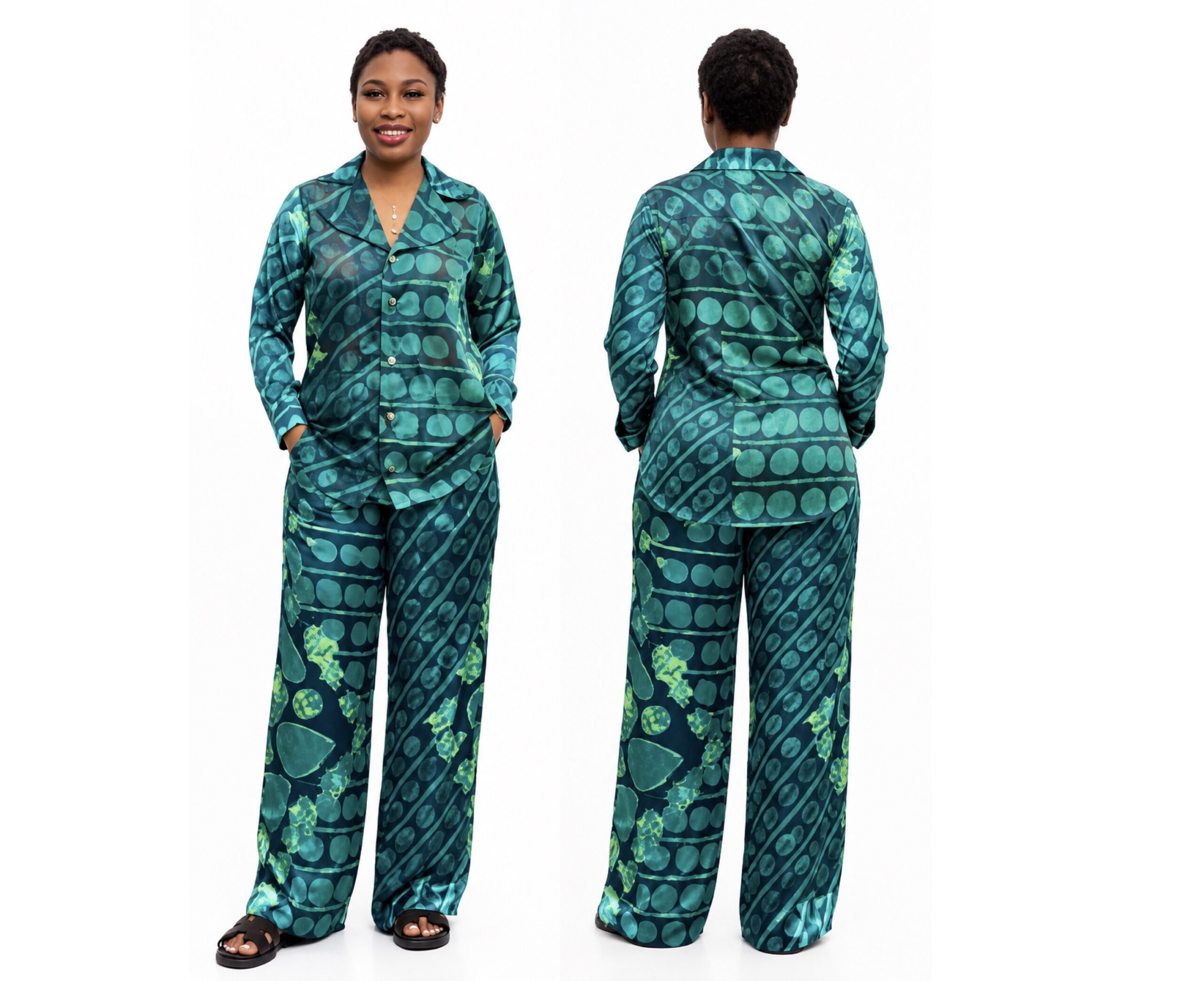 Barbz and co rtw two piece pant set in silk & chiffon 10/12 green Barbz and co rtw two piece pant set in silk & chiffon 10/12 green