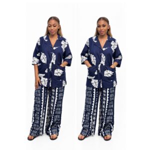 Barbz and co rtw two piece Ankara leaf shirt and vintage pant in navy blue