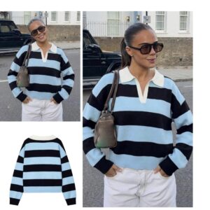 Shein collar stripe polo knit  in blue mix