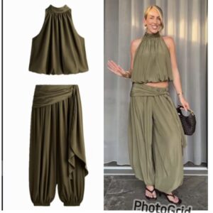 H & M two piece bubble neck hem  halter top & balloon trouser in khaki olive green L
