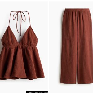 H & M two piece bubble neck cotton halter neck top & straight muslin trousers in rust red brown L