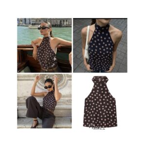 SHEIN halter high neck mesh polka dot top in chocolate brown & light pink dots L new