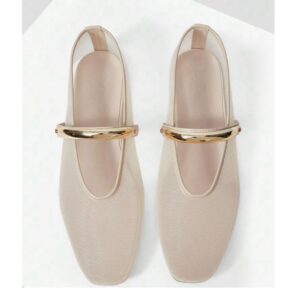 SHEIN mesh gold metal flat shoe in Apricot off white 40