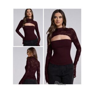 SHEIN classy lacey cut hollow long sleeve top in maroon burgundy