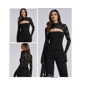 SHEIN Lacey classy cut out hollow long sleeve top in black