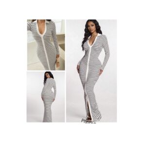 SHEIN stripe maxi  collar bodycon  dress in white & black S