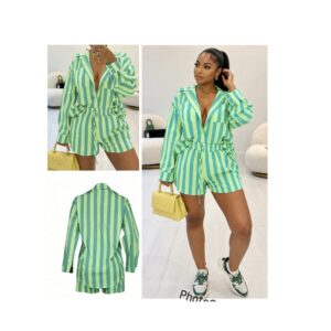 SHEIN stripe  classy two piece short set in green mix L