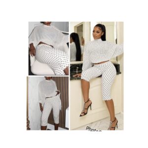 SHEIN polka dot two piece high neck chiffon top and capri pant set in white & black 10